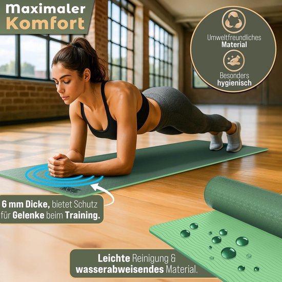 Yogamat Fitnessmat - Trainingsmat Gymnastiekmat - Comfortabel Sporten - Ftalaatvrij TPE Materiaal - 183 x 61 cm - Donkergroen Limoen van Yogamat — afbeelding 2