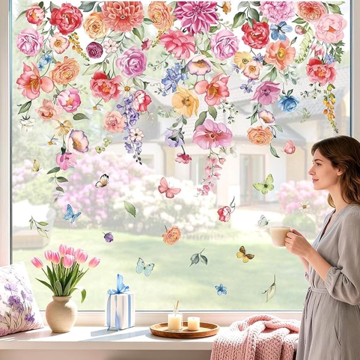 Kleurrijke Bloemen Raamstickers – Statische Decoratie voor Glas, Anti-Collision, 9 Vellen (20x30 cm)
