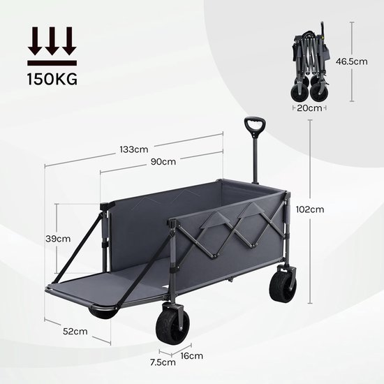 Tuinwagen opvouwbaar - 200L capaciteit, uitbreidbaar - Sterke stalen frame, rubberen wielen - B 52 x D 90 x H 102 cm - Grijs — afbeelding 4