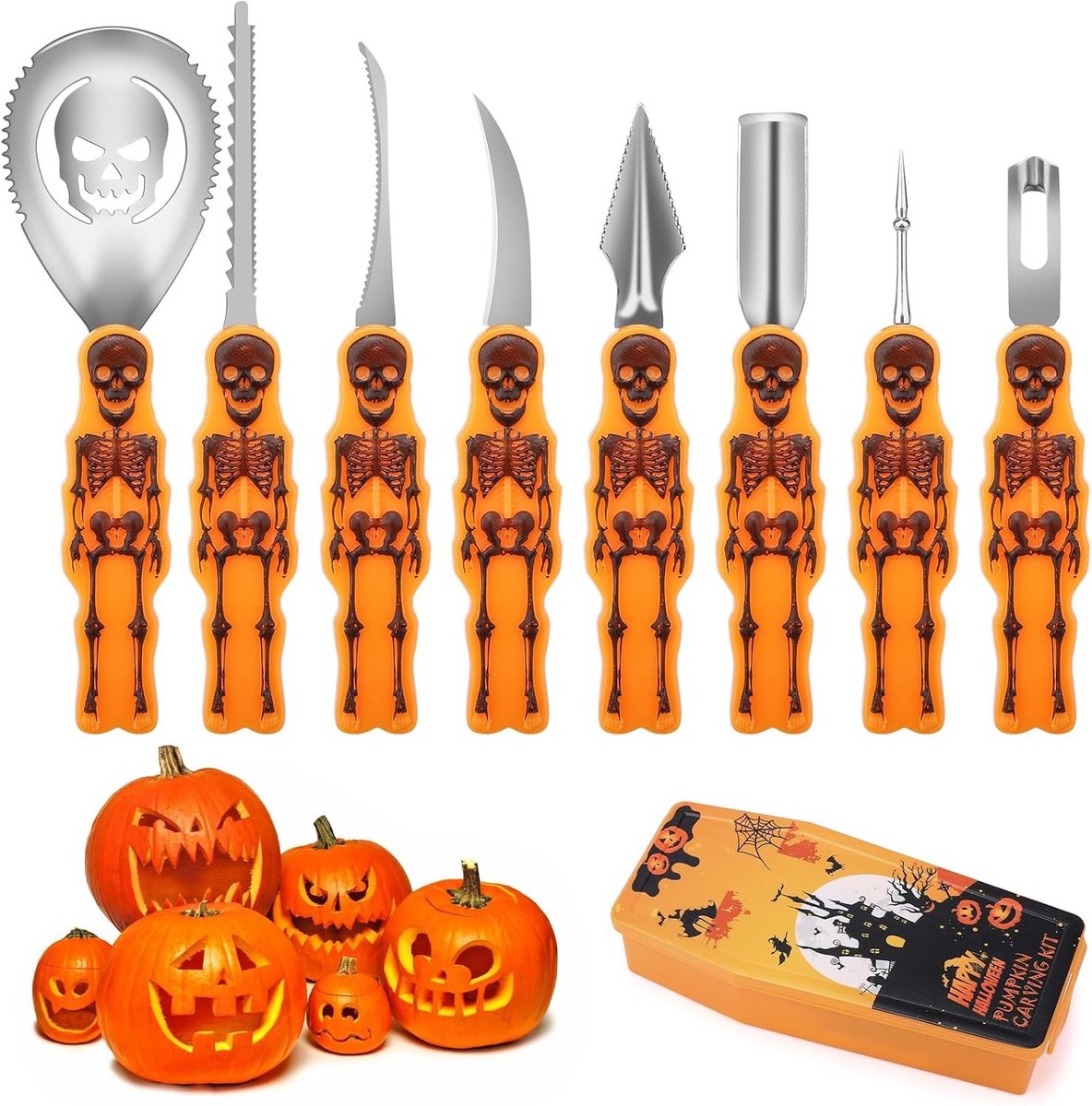 Pompoen snijwerk set - Zwart - 8-delige roestvrijstalen gereedschap met opbergdoos - Voor Halloween decoratie