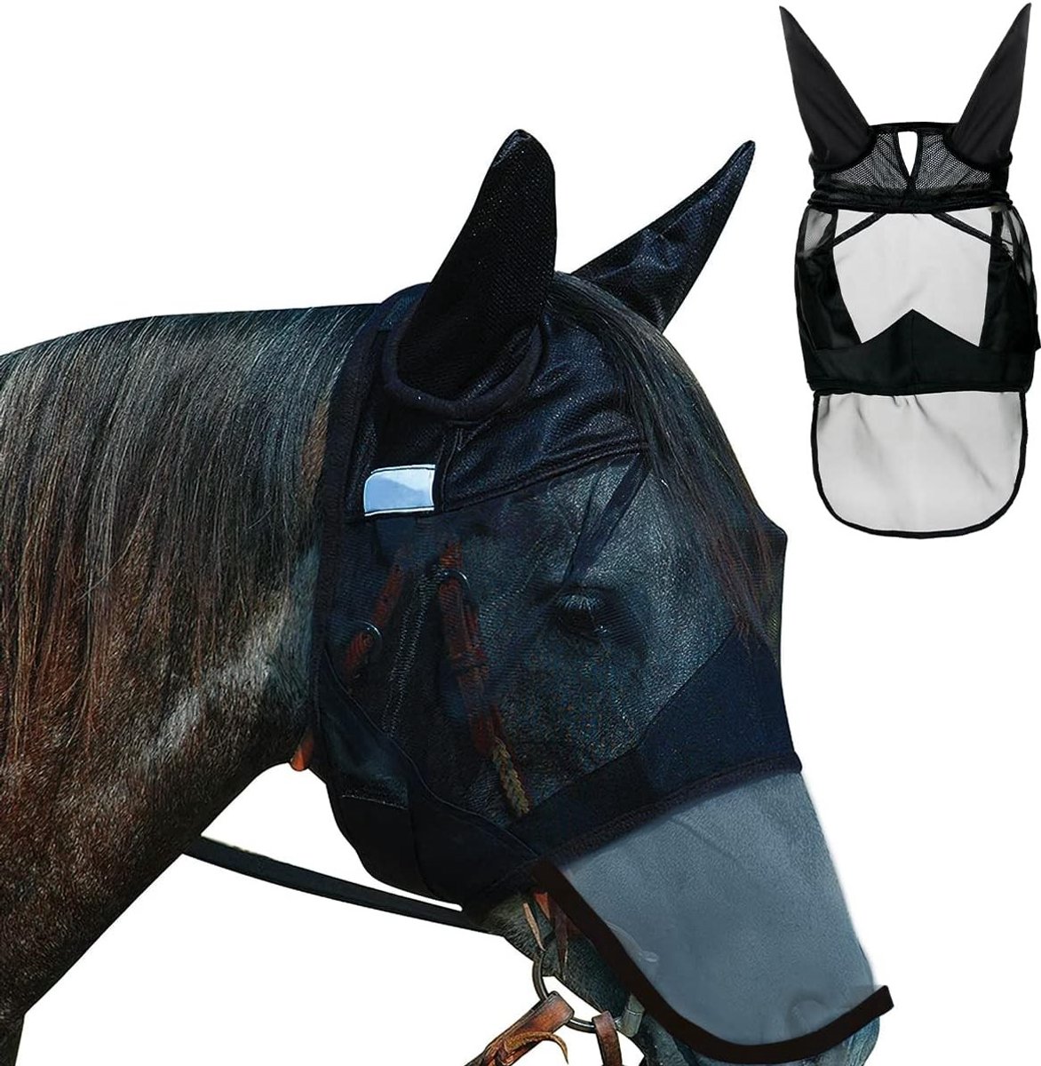 Horses Fly Mask met Oren en Neusbescherming voor UV-bescherming en Insectenbescherming, Volledige Dekking voor Paarden