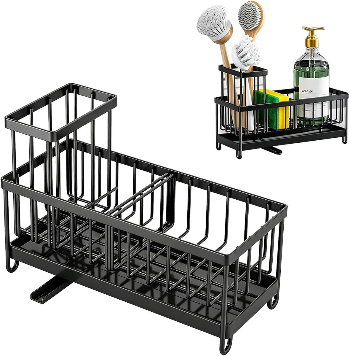 Keukenorganizer voor spoelbak met ruimte voor sponzen, borstels en zeepbakjes, inclusief eetstokjeshouders (zwart)