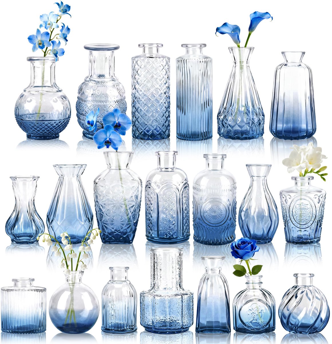 Glazen knopvazen set van 20 - blauw - kleine vazen voor tafeldecoratie - perfect voor bruiloften - ShopVlot