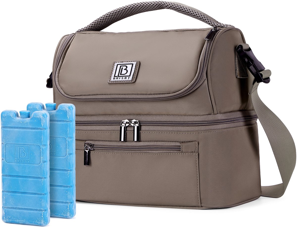 Brisby Koeltas Lunchtas 11 Liter – 4-Laags Geïsoleerd – Inclusief 2 Koelelementen – 2 Compartimenten – Schouderband – Tot 10 Uur Koel - Stone Greige
