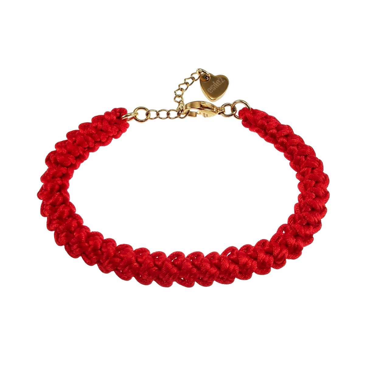 Gehaakte Damesarmband van Rood Satijnachtig Nylonkoord, RVS Verguld, Handgemaakt door esde2 - Verstelbaar 15 tot 18 cm