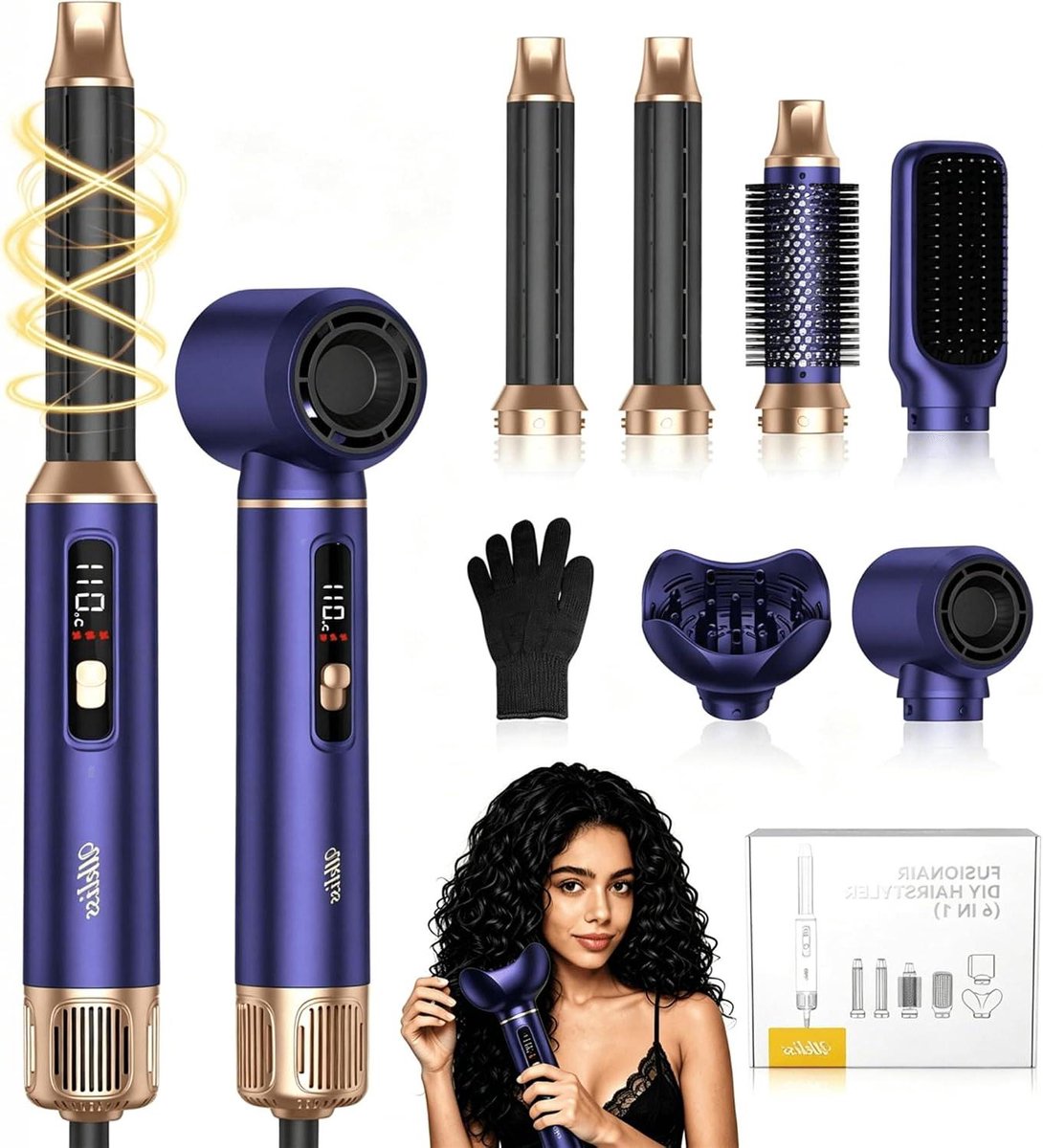 Haarstylingset - Multistyler Warmluchtborstel - Thuis Salon Kwaliteit - 6-in-1 Opzetstukken - 1000 W - Blauw Goud