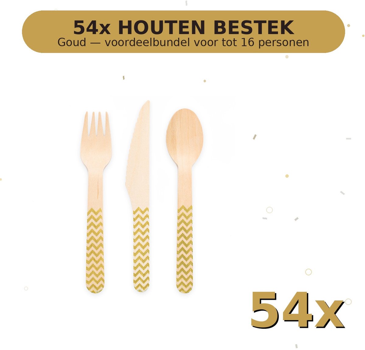 Houten bestek FSC Goud - Voordeelverpakking 54 Stuks voor tot 16 Personen - Feestartikelen