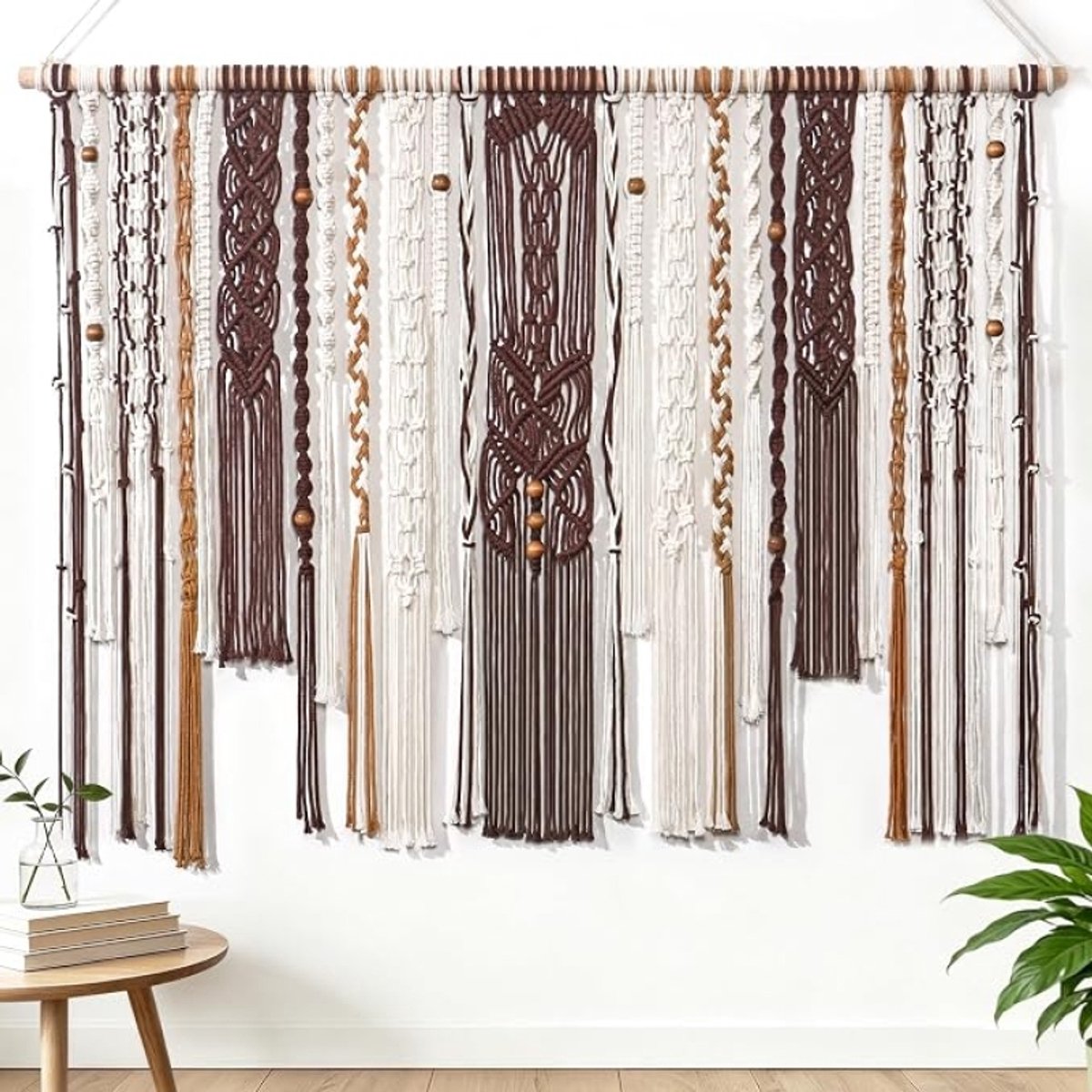 Macramé wandtapijt Boho Ivoorkleur Bruin 98x75 cm Handgemaakt Wanddecoratie