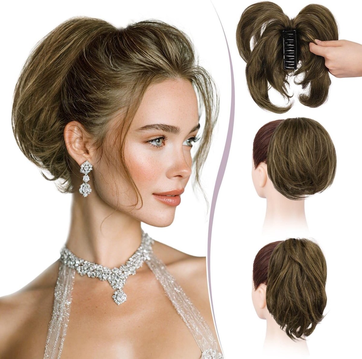 Korte Ponytail van Menselijk Haar 23cm met Buigbare Clip voor DIY Stijlen, Messy Bun en Vol Haar voor Vrouwen, Donkerbruin en Lichtbruin