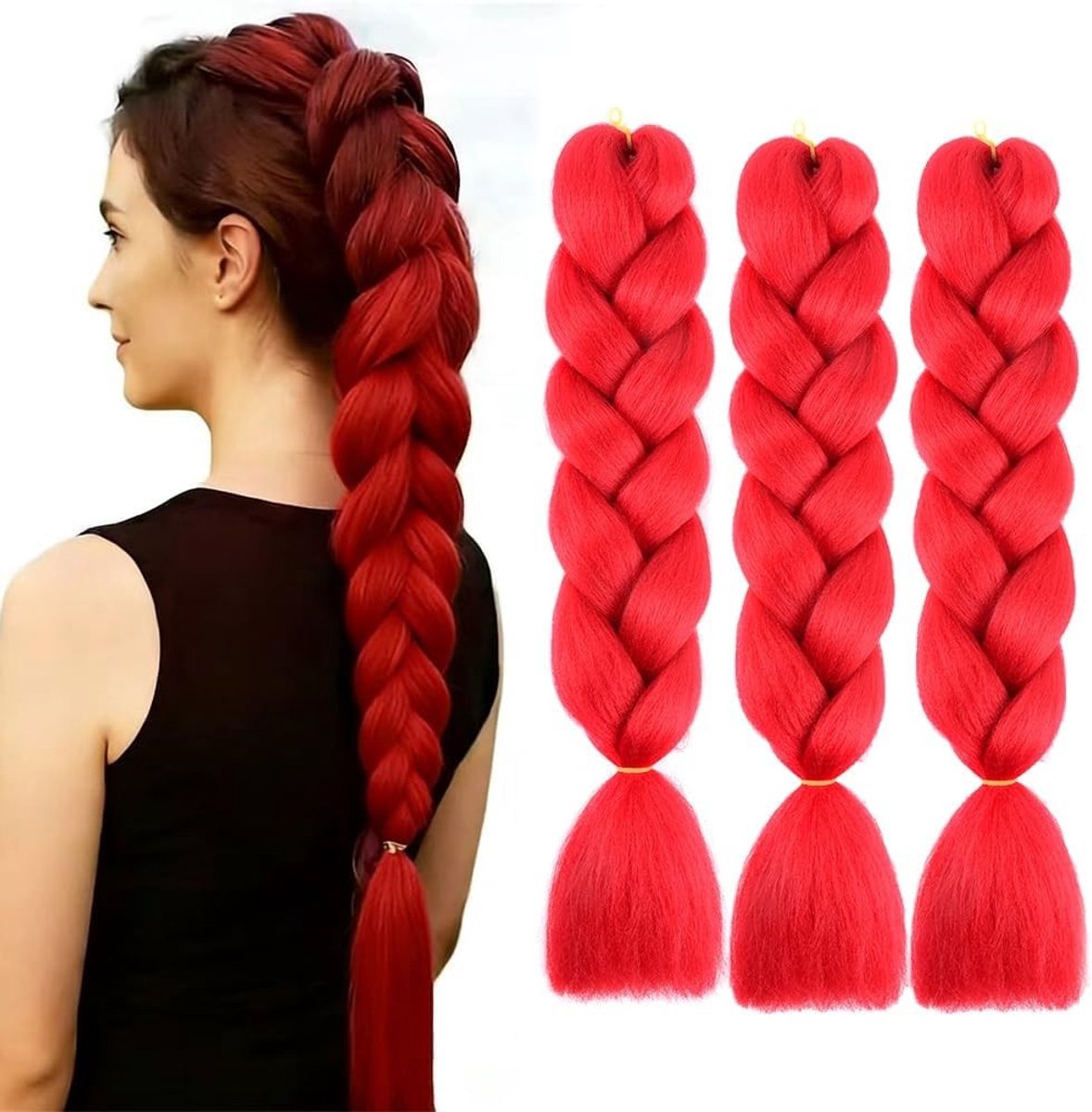 Rode Vlecht Haar, 3 x Kanekalon Vlecht Haar, 24 Inch Synthetisch Haar voor Haken en Vlechten