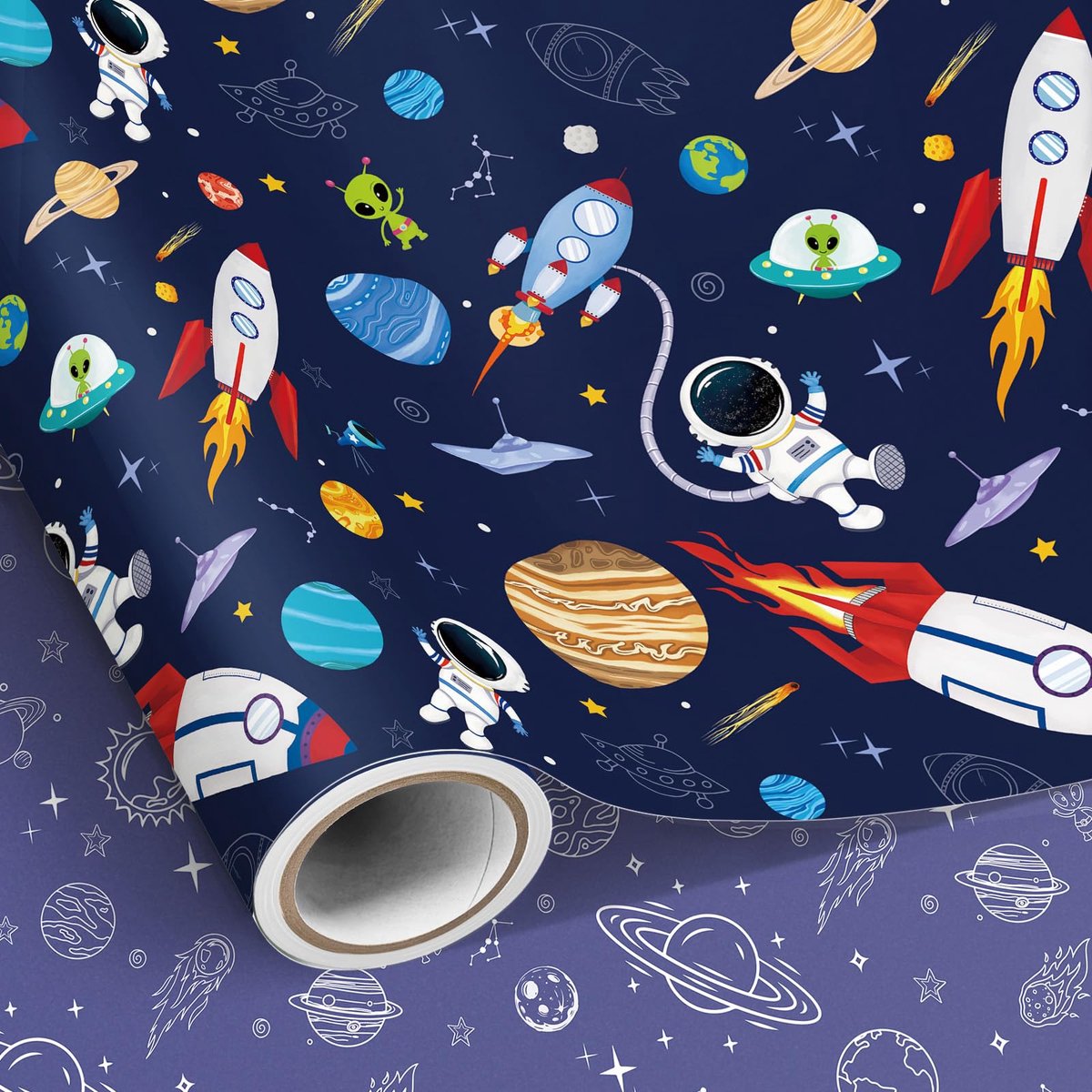 Rol cadeaupapier blauw 43 cm × 10 m - ruimte planeet - ideaal voor verjaardagen - ShopVlot