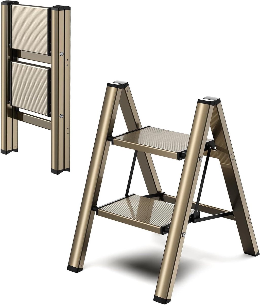 Opvouwbare trap - Stevige kruk - Veilig klussen - Brede antislip treden - 2 treden - Champagnegoud