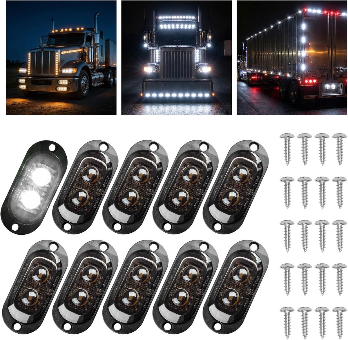 10 x Waterdichte Zijmarkeringslampen, 65 mm, Universele Verlichting voor Trailers, Caravans en Voertuigen, Positielampen voor Trucks en Bussen, Robuust, 12/24 V (Wit)