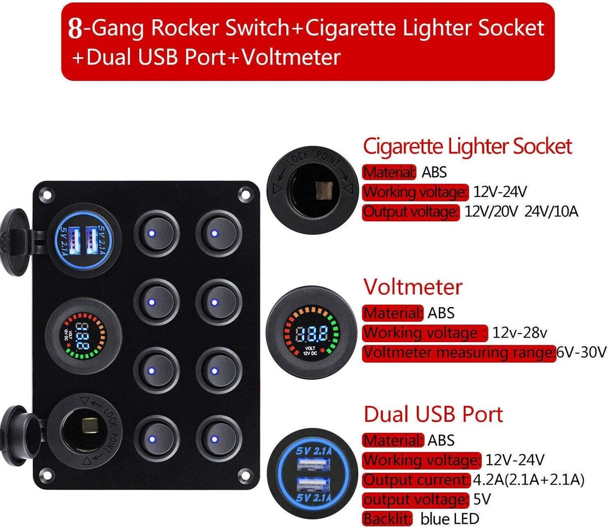 Rocker Switch Paneel met 8-Weg Schakelaars, Dubbele USB Oplaadpoort, Aan/Uit Schakelaars en Digitale Voltmeter voor Boot, Auto, RV en Truck