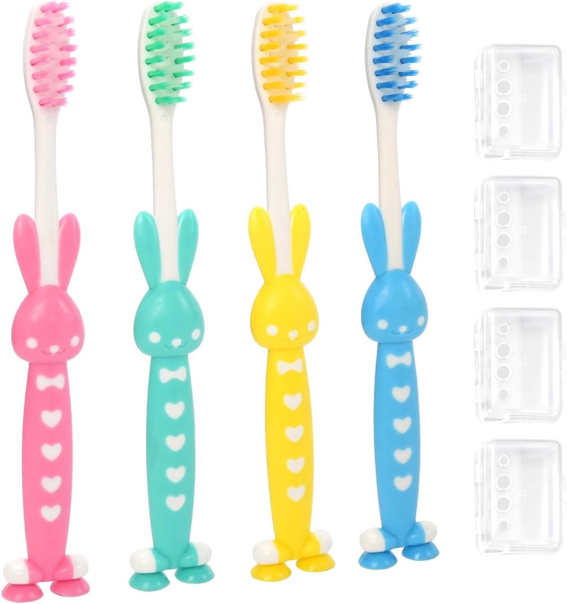 Zachte Kindertandenborstelset met 4 Stuks, Ideaal voor Peuters, Antislip Handgrepen en Verzorgingsschild voor Optimale Mondhygiëne