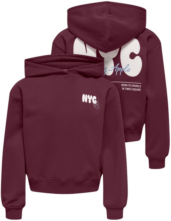 Set van bordeauxrode hoodie met op de voorkant "NYC" en op de achterkant "NYC The Big Apple"-opdruk.