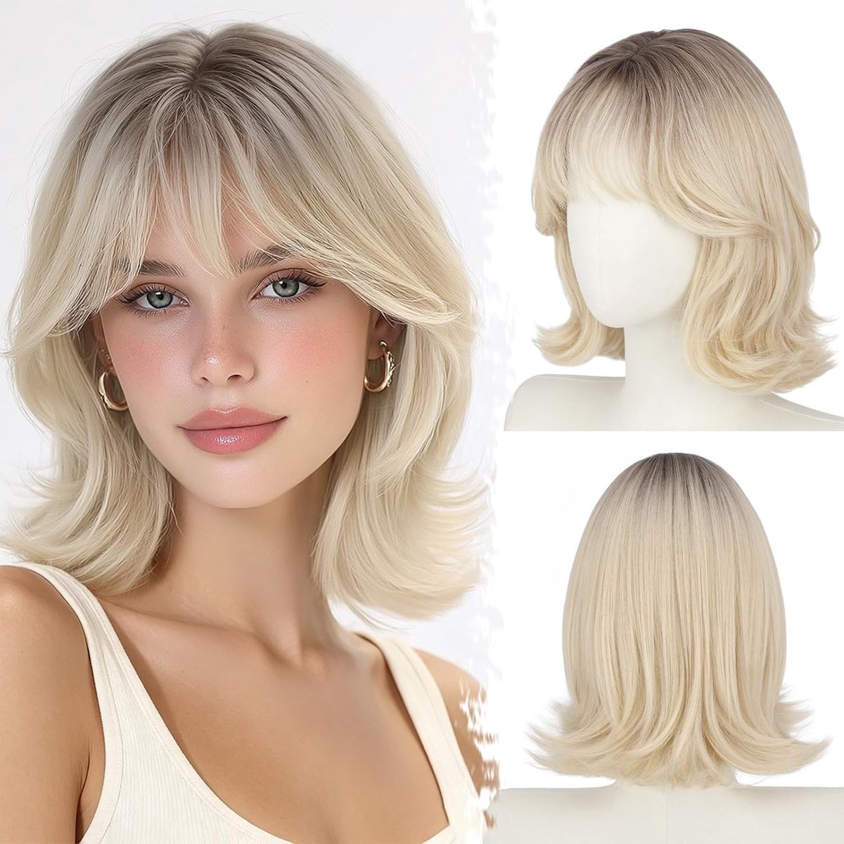 Korte Gelaagde Blonde Ombre Bob Peruk met Fijne Curtain Bangs voor een Natuurlijke Look