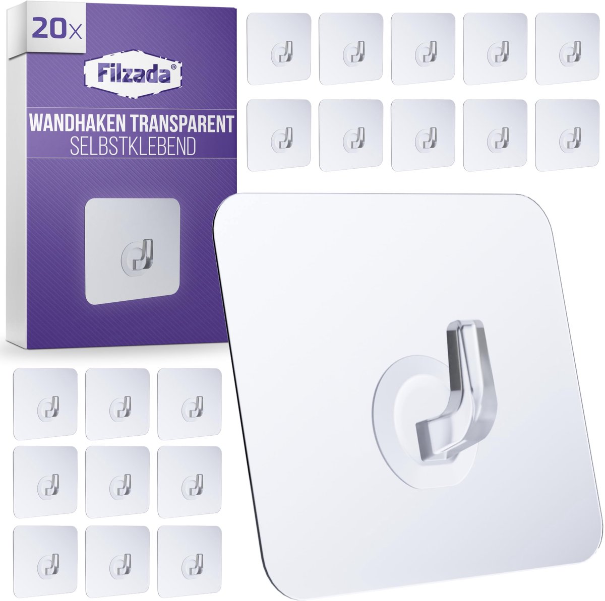 Kleefhaken extra sterk 20x - 70x70mm transparant - tot 10 kg - ideaal voor wanddecoratie - ShopVlot