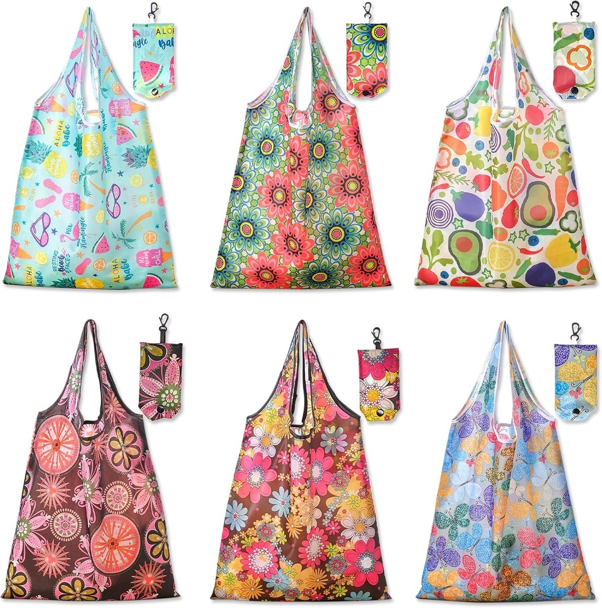 Vouwbare boodschappentassen - 6 stuks, 38 x 58 cm, herbruikbare tassen voor winkelen, reizen en dagelijks gebruik