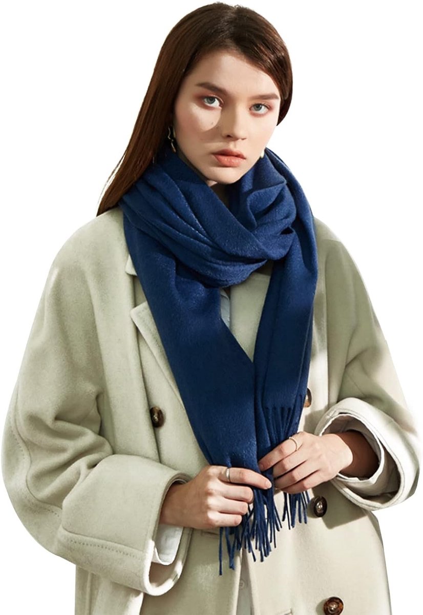 Winterse Premium Cashmere Sjaal voor Dames | Zachte Lange Pashmina Sjaal met Franje | Warme Wol Sjaal in Navy Blauw