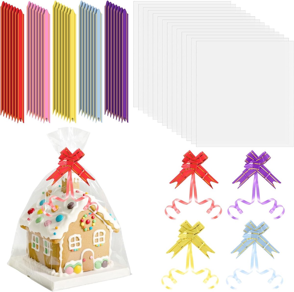 100 Stuks Transparante Cellofaan Cadeauzakken 45x50cm Grote Verpakking met Strikken voor Mandjes en Geschenken