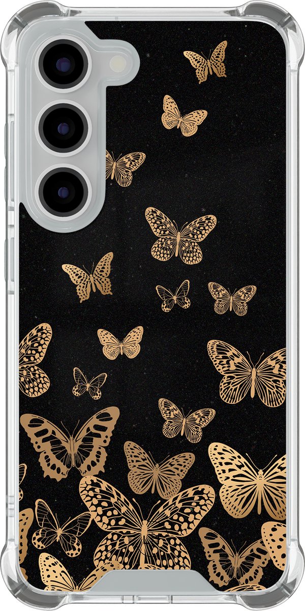 Shockproof hoesje - Geschikt voor Samsung Galaxy S23 - Vlinders - Extra sterke case - TPU/polycarbonaat - Print / Illustratie - Zwart, Goud, Transparant