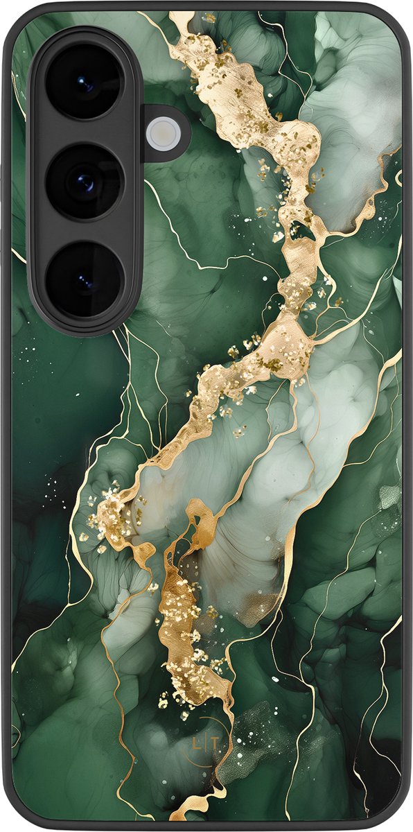 Hoesje geschikt voor Samsung Galaxy S26 - Marmer groen goud - Luxe Glazen Hardcase - Marmer - Groen, Goud
