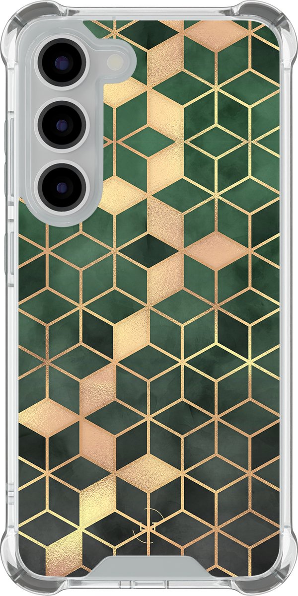 Shockproof hoesje - Geschikt voor Samsung Galaxy S23 - Kubus groen - Extra sterke case - TPU/polycarbonaat - Print / Illustratie - Groen, Transparant