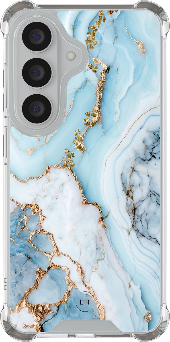Shockproof hoesje - Geschikt voor Samsung Galaxy S26 - Marmer babyblauw - Extra sterke case - TPU/polycarbonaat - Marmer - Blauw, Transparant