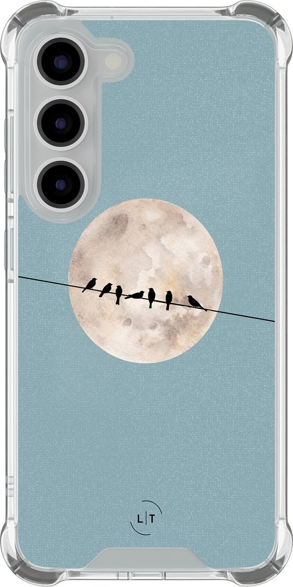 Shockproof hoesje - Geschikt voor Samsung Galaxy S23 - Moon birds - Extra sterke case - TPU/polycarbonaat - Print / Illustratie - Blauw, Transparant