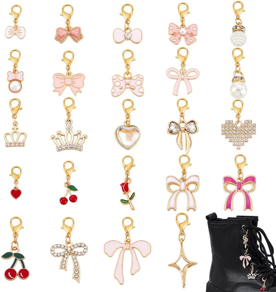 24 Stijlen Schoen Charms met Strik, Hart, Kers, Parel en Bloem - Decoratieve Hangers voor Schoenen, Tassen en Sleutelhangers, DIY Accessoires