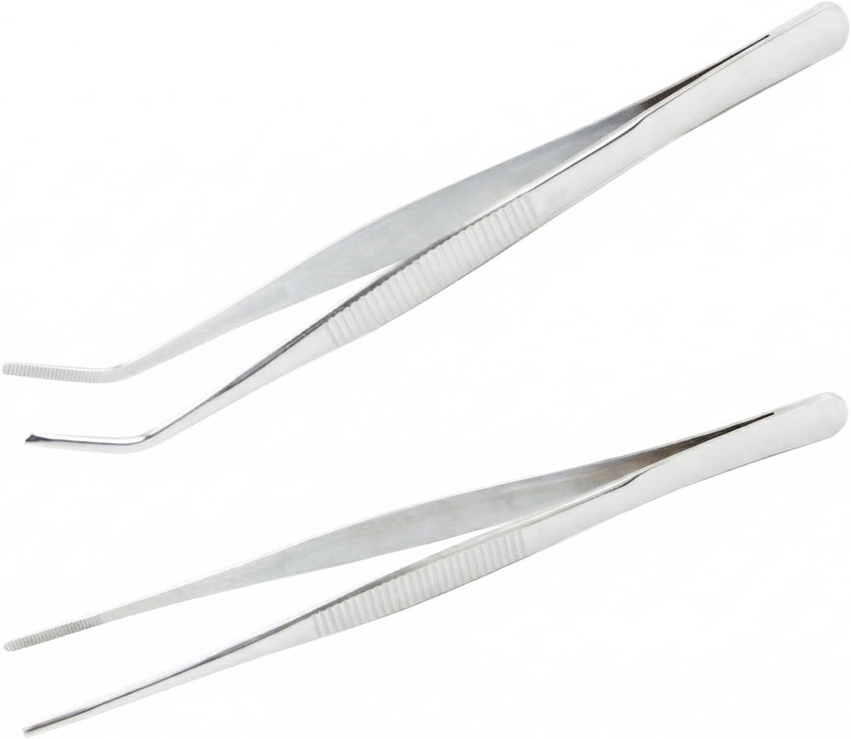 Extra lange roestvrijstalen pincet set van 2, 30 cm, recht en gebogen met getande punt, veelzijdig voor aquarium, naaien, koken en tuinieren