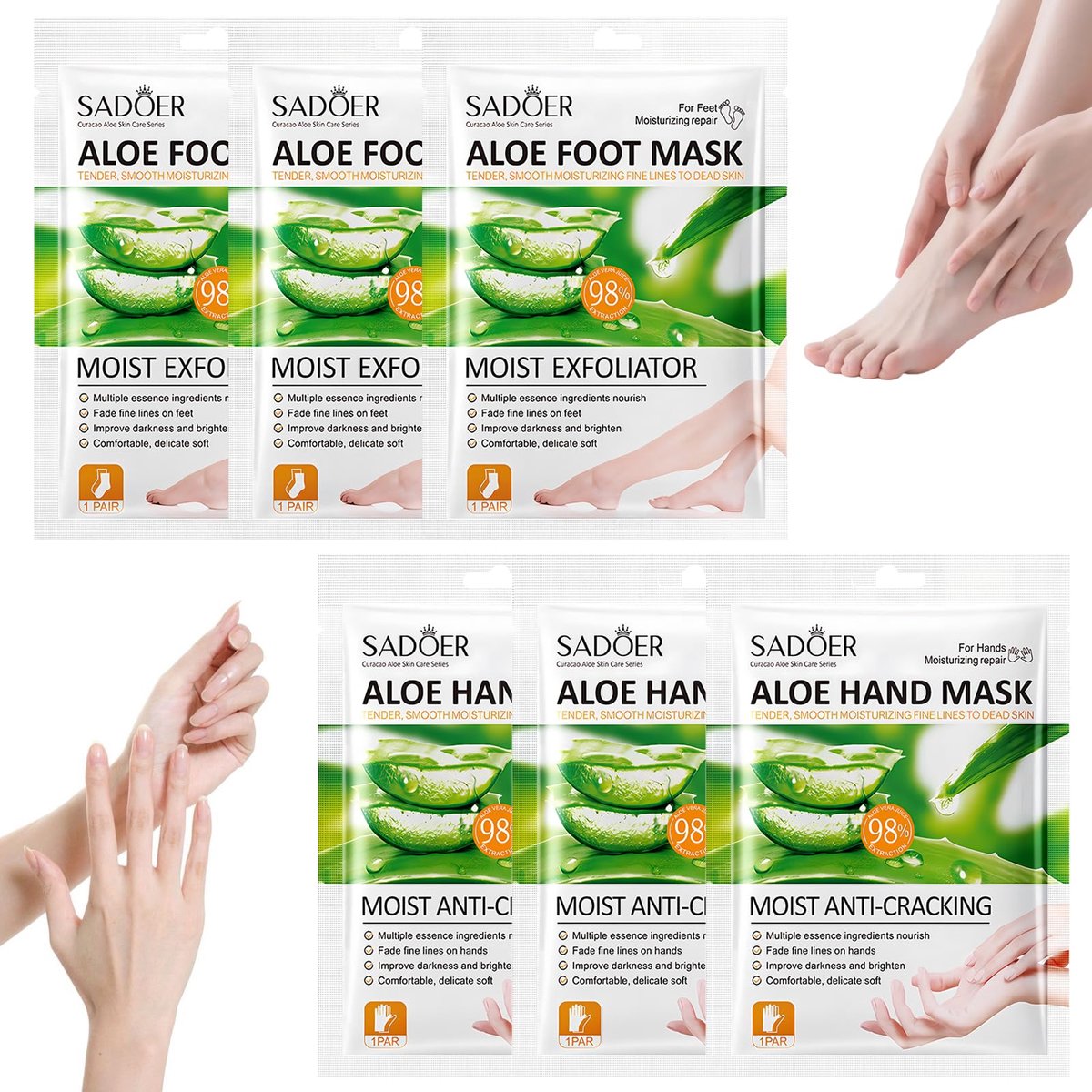 Voetmasker en handmasker set - 6 paar - eeltverwijderaar en aloë vera - hydraterende verzorging - ShopVlot