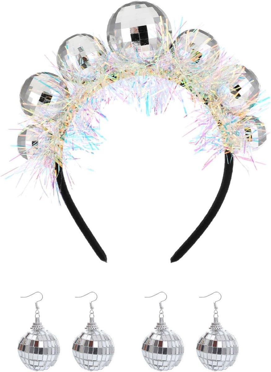 Disco accessoires set met haarband en 2 paar spiegelbal oorbellen voor 70s en 80s themafeesten, kostuums en disco party's