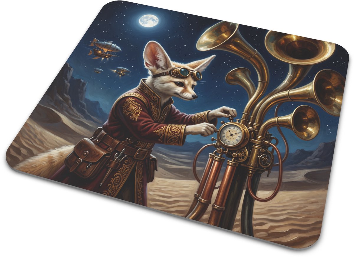 Muismat woestijnvos Steampunk fennec acoustic engineer (Vulpes zerda) onder sterrenhemel bureau onderlegger