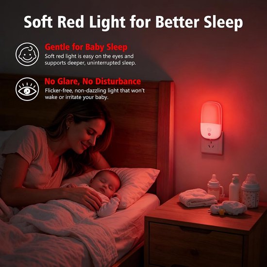 2-Pack 670nm Rood Nachtlampje voor Slaap, met Schemersensor Automatisch Aan/Uit, Zacht Rood Slaaplicht voor Babykamer, Slaapkamer, Gang en Badkamer — afbeelding 2