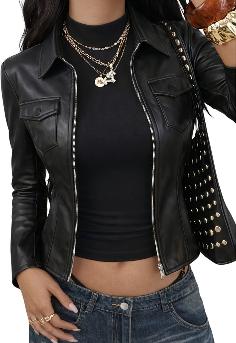 Currero Kunst Leren Jas Leather Jacket Lederen Jas Bomberjack Pilotenjack Blazer Biker Motorjas Motormuis Dames Zwart