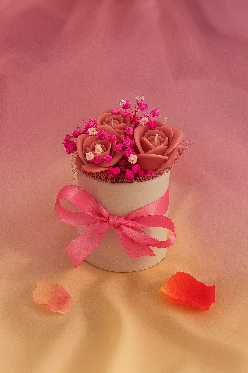 Roze Bloemen Waxdecoratie – Bloemdoos met Satijnen Lint, Kunst Gipskruid & Tule Decoratie