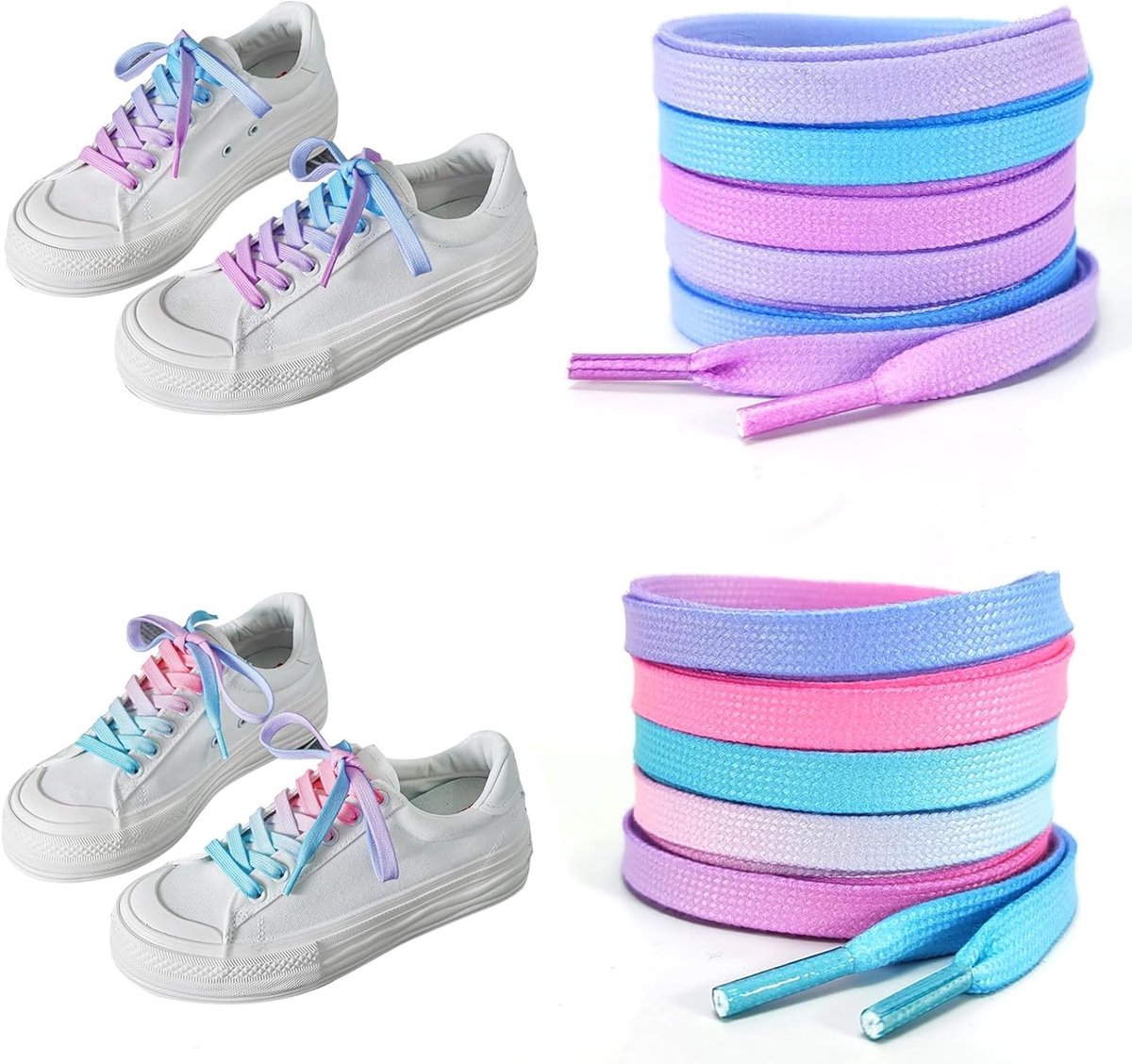 Kleurige Regenboog Veters voor Meisjes, 2 Paar Platte Schoenveters van 120 cm voor Casual en Canvas Schoenen, Geschikt voor 5-6 Gaten