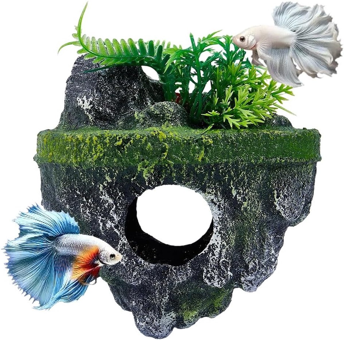 Drijvend eiland aquariumdecoratie met realistisch rotslandschap voor vistank, zonneplatform en schuilplaats voor vissen, perfect voor aquatische habitats