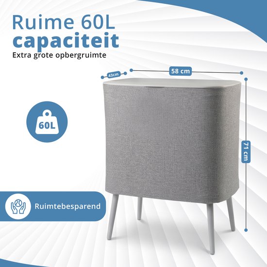 LifeLux Dubbele wasmand op poten - Wasmand met Deksel 60L – 2 Vakken uitneembaar Waszakken – Verhoogde Wasmand – Grijs
