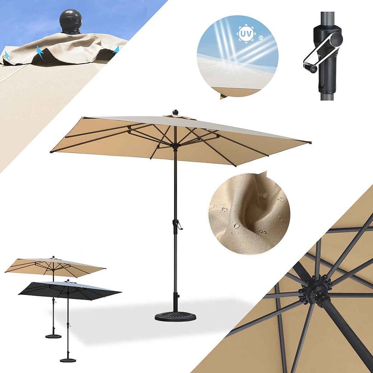 PURPLE LEAF rechthoekige parasol — parasol met centrale paal, geschikt voor gebruik op het balkon of terras — 275 × 335 cm — grijs — UV50+