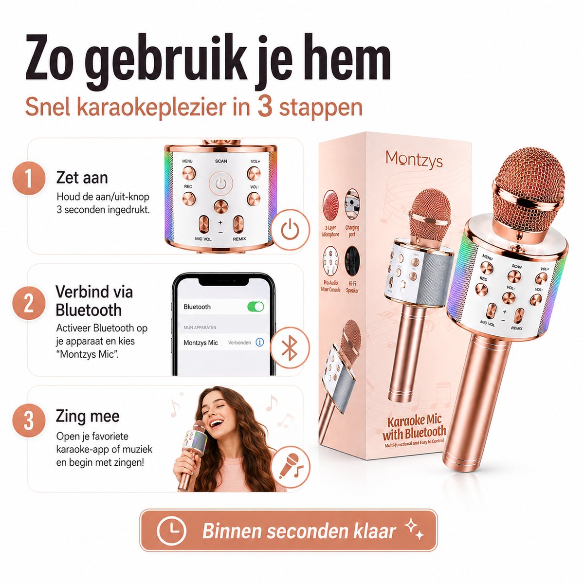 Montzys® Karaoke Microfoon Set - Bluetooth & Ingebouwde Speaker - Draadloos & LED - voor Kinderen & Volwassenen — cadeau in Gadgets - foto 6