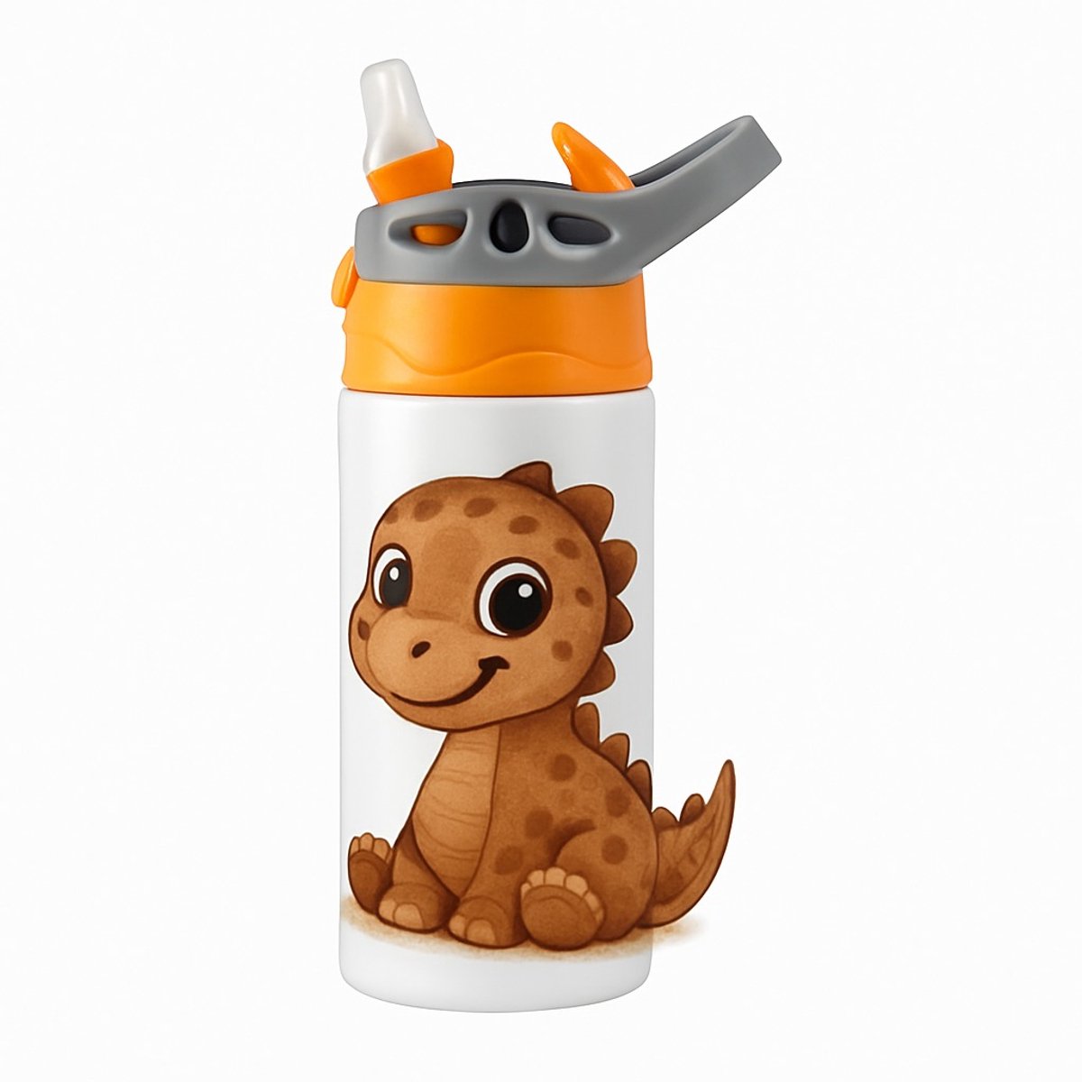 Artistieke Dino Cartoon Drinkfles – Trendy Drinkfles voor Boho Aardetinten Fans - Waterfles voor kinderen (wit/oranje)