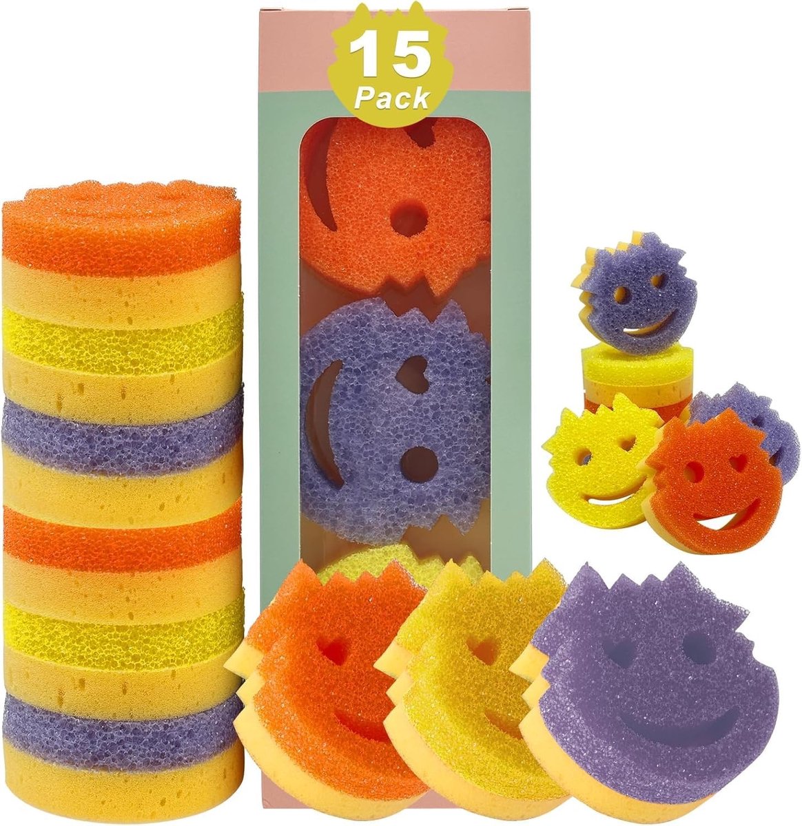 Dailygoods - Schoonmaakschwammen 15-Pack met Geurbestendige Smiley-Design - Dubbelzijdig en Efficiënt