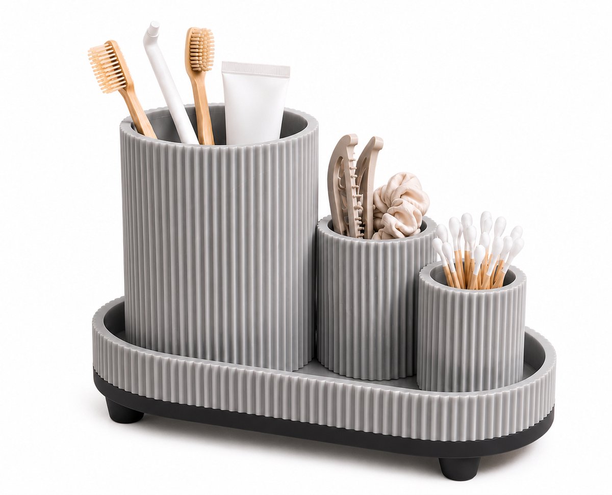 Badkamer Organizer Set – Tandenborstelhouder, Wattenstaafhouder & Opbergbakje
