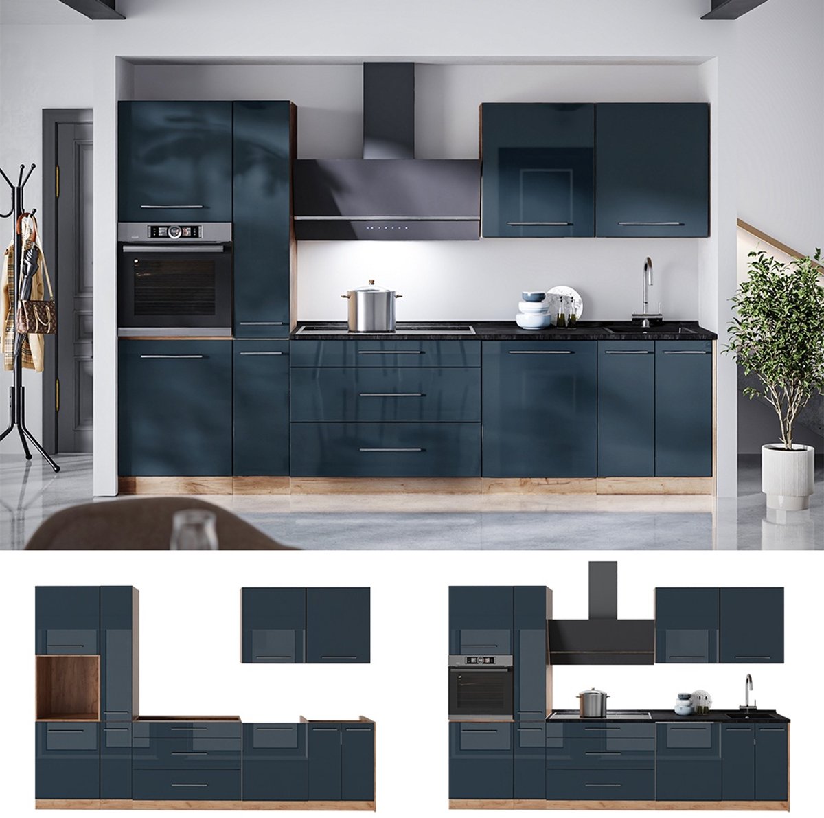 Vicco Complete keukeneenheid Fame-Line, Donkerblauw hoogglans/Goudkleurig Eiken, 310 cm zonder werkblad