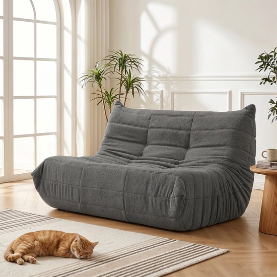 Grijze vloersofa met zachte bekleding, een slapende kat op een kleed ervoor.