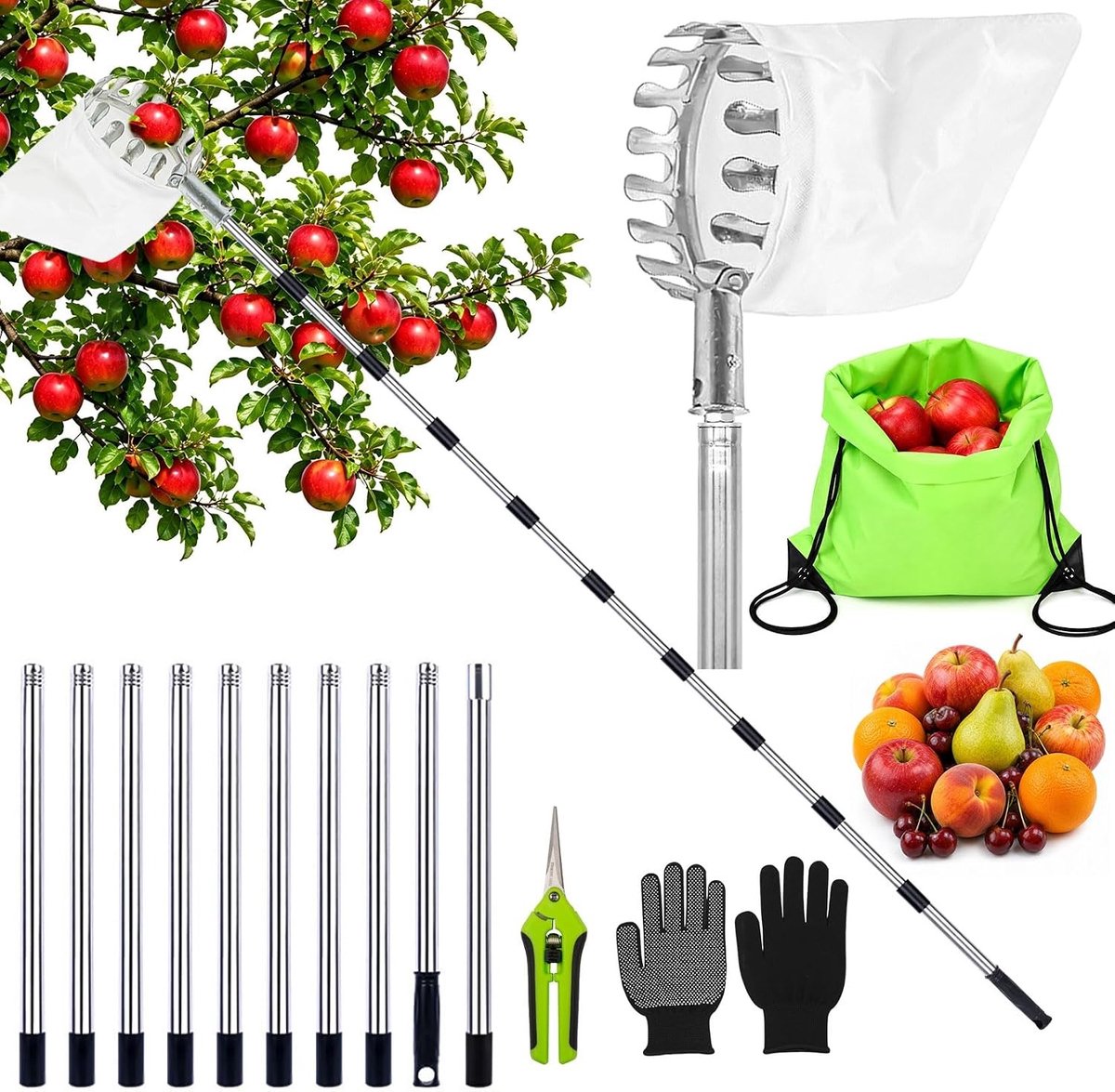 Telescoop fruitplukker 4,2 m met verstelbare steel, ideaal voor het plukken van fruit en bessen
