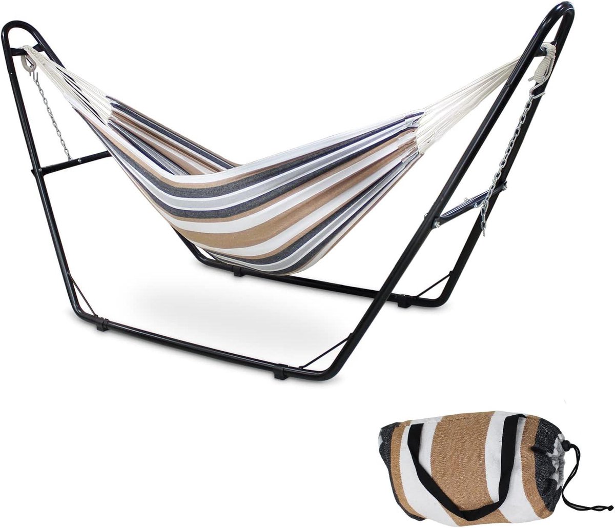Hangmat met Voet - Dubbele Hangmat - Ontspannen Buiten - In Hoogte Verstelbaar - 315 x 94 cm - Bruin